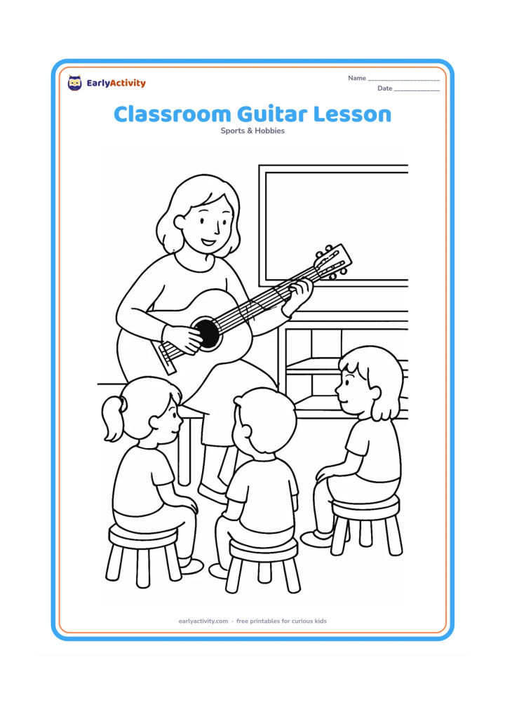Colouring page: A teacher demonstrates an acoustic guitar to three children seated in a semicircle. Include a low classroom shelf, simple stools and a blank board with no writing.