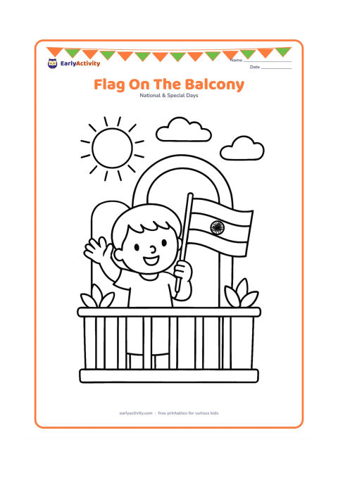 Colouring page: A child waves an Indian flag from a safe home balcony, with a simple railing, doorway and two potted plants. Include a large sun and a few clouds beyond the balcony.