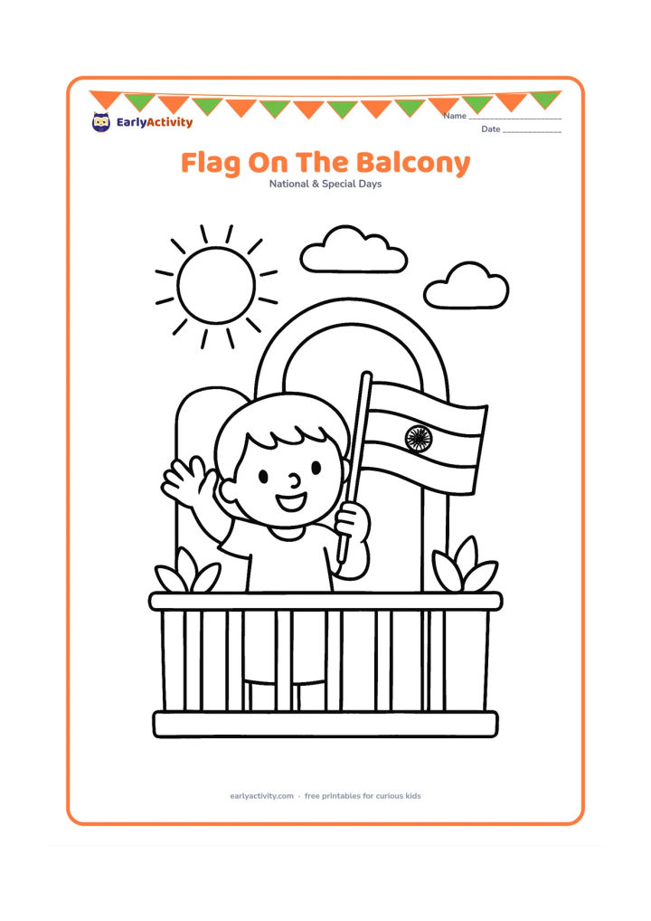 Colouring page: A child waves an Indian flag from a safe home balcony, with a simple railing, doorway and two potted plants. Include a large sun and a few clouds beyond the balcony.