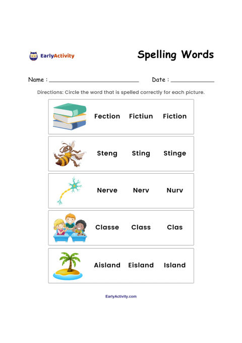 Spelling worksheet with five picture clues and three word choices each for fiction, sting, nerve, class and island.