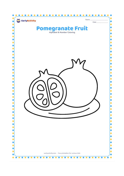 Colouring page: Draw one whole pomegranate beside a cut-open half with a few large seeds visible. Place both fruits on a simple plate or ground line.