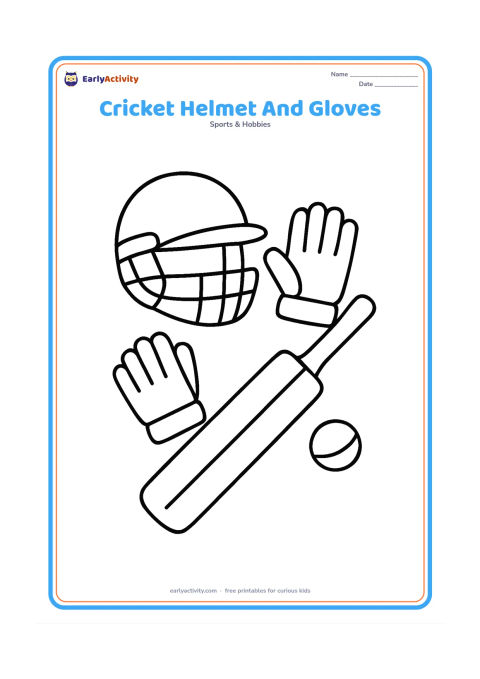 Colouring page: A cricket helmet, one pair of batting gloves and a bat arranged clearly on a plain ground surface. Add a small ball beside the equipment.