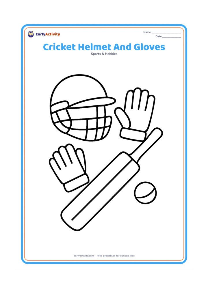 Colouring page: A cricket helmet, one pair of batting gloves and a bat arranged clearly on a plain ground surface. Add a small ball beside the equipment.