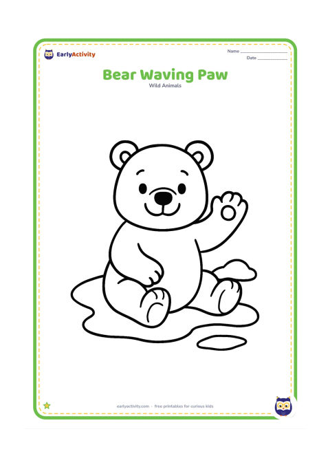 Colouring page: A cheerful polar bear sits on snow and lifts one paw in a friendly wave, with a single small snowdrift and an ice floe nearby.