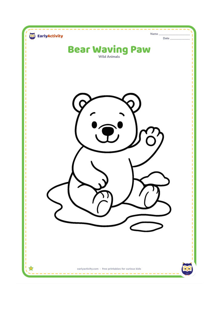 Colouring page: A cheerful polar bear sits on snow and lifts one paw in a friendly wave, with a single small snowdrift and an ice floe nearby.