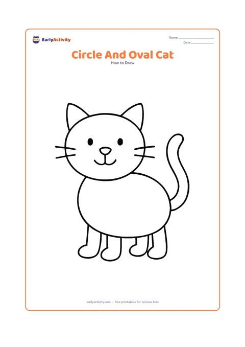 Worksheet: Show a standing cat built from a large oval body, a round head, four simple oval paws, triangular ears, and a long curved tail. Place the cat alone in the centre of the page.