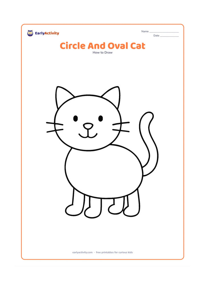 Worksheet: Show a standing cat built from a large oval body, a round head, four simple oval paws, triangular ears, and a long curved tail. Place the cat alone in the centre of the page.