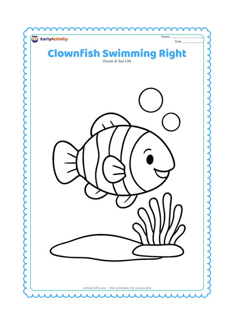Colouring page: Show one large clownfish swimming right above a simple sandy patch, with a small anemone and two large bubbles nearby. Give the fish a cheerful open-mouth expression.
