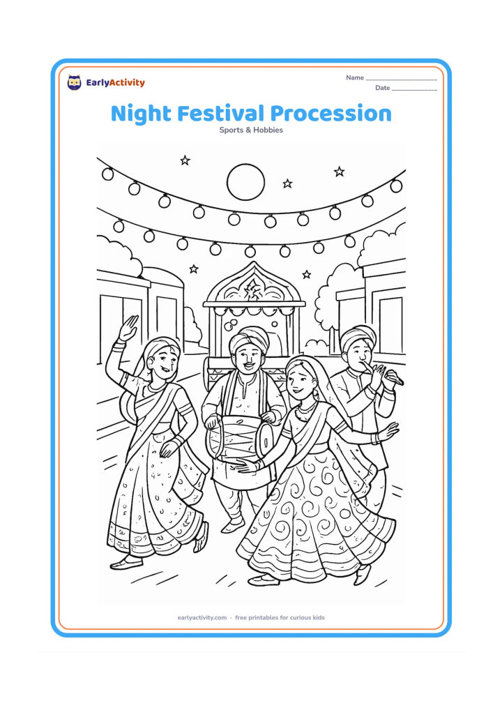 Colouring page: Draw a lively evening dance procession with four dancers moving along a decorated street, accompanied by a dhol player and a flute player. Add strings of plain lamps, a decorated cart,…