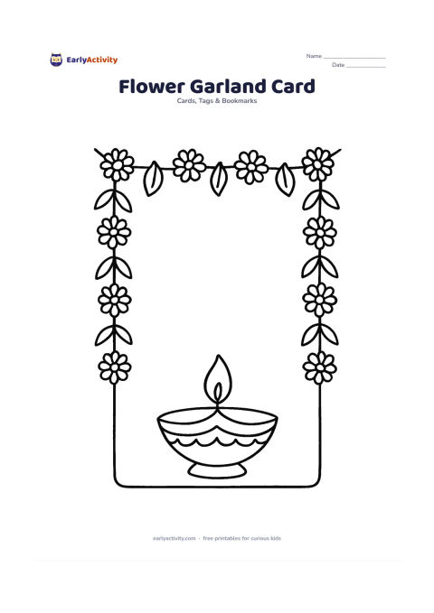 Worksheet: Draw a card design framed by a hanging garland of alternating marigold flowers and leaves, with a large diya in the lower centre. Leave a wide, uncluttered panel inside the garland for a…
