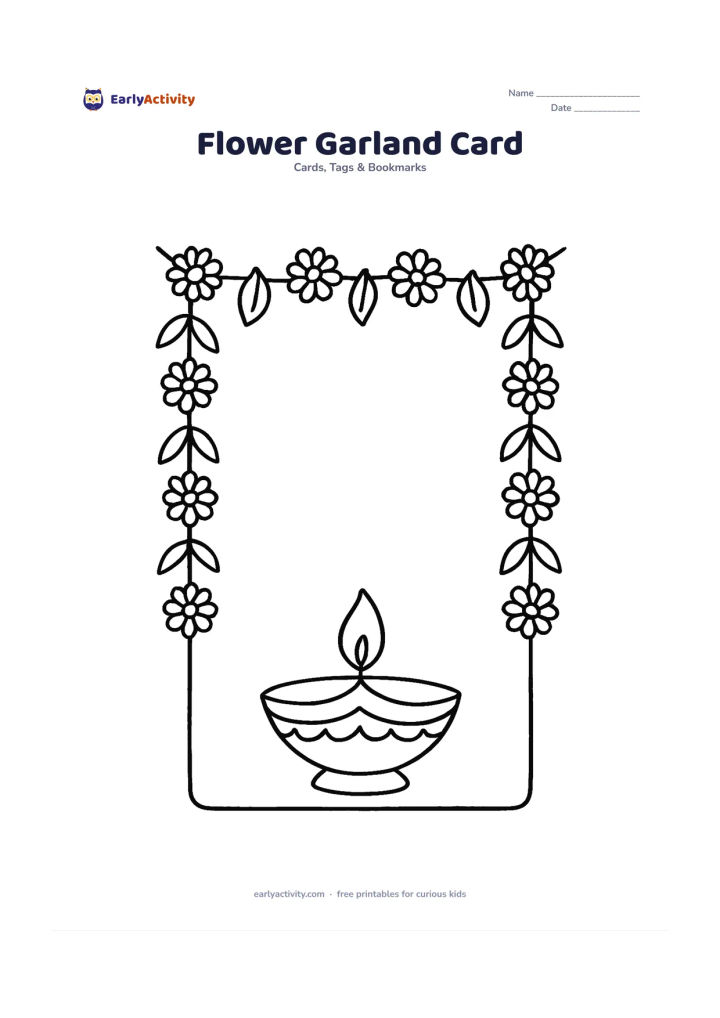 Worksheet: Draw a card design framed by a hanging garland of alternating marigold flowers and leaves, with a large diya in the lower centre. Leave a wide, uncluttered panel inside the garland for a…