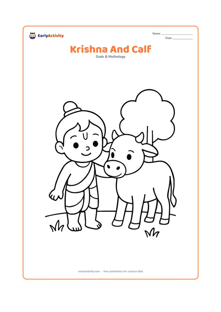 Colouring page: Baby Krishna stands beside a friendly calf and gently holds its neck, with two simple grass tufts and a rounded tree in the background. Keep the calf and Krishna large and clearly separated.