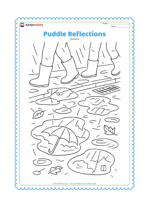Colouring page: A close rainy street scene focuses on several puddles reflecting umbrellas, clouds, tree branches and house shapes. Include the lower legs of passing pedestrians in boots, scattered…