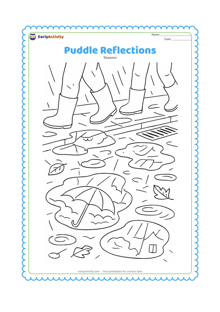 Colouring page: A close rainy street scene focuses on several puddles reflecting umbrellas, clouds, tree branches and house shapes. Include the lower legs of passing pedestrians in boots, scattered…