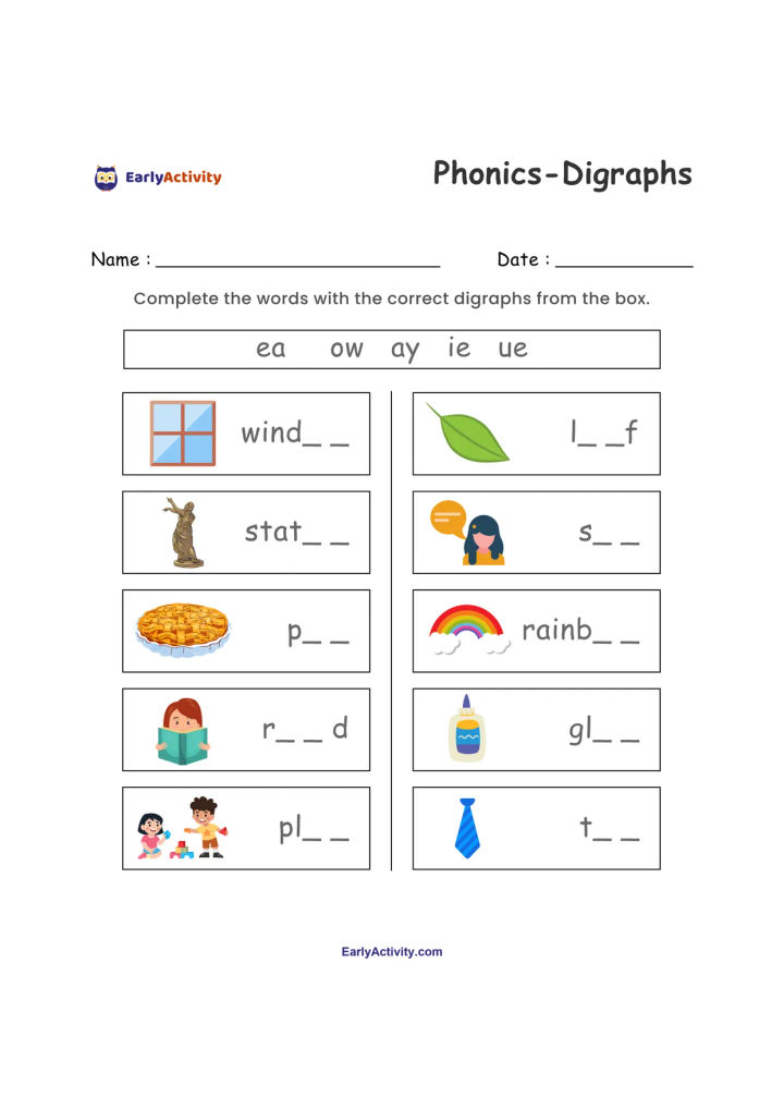 Phonics worksheet with pictured words to complete using vowel digraphs, including ea, ow, ay, ie and ue.
