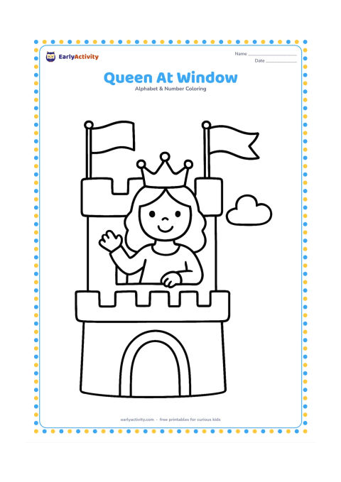 Colouring page: A smiling queen waves from a castle window while wearing a simple crown. Include two flags without markings, a rounded tower, and one cloud outside.