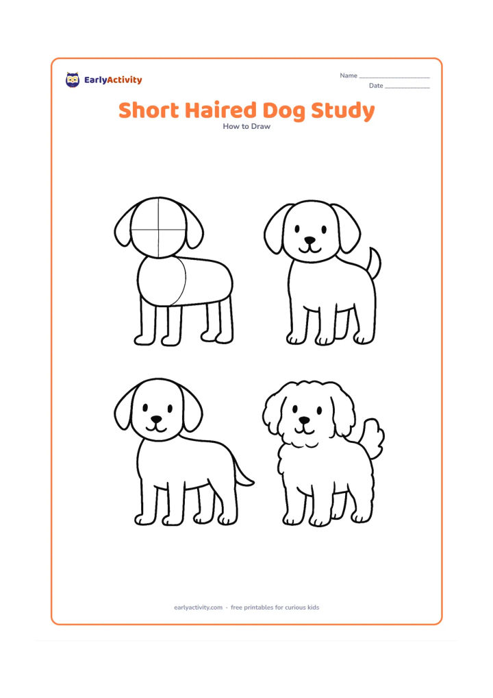 Worksheet: Show two blank, unlabeled drawing areas: one develops a short-haired standing dog from construction shapes, while the other develops a fluffy dog with a fuller outline. Add simple facial…