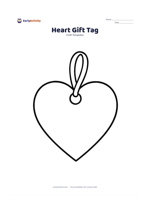 Worksheet: Draw one large heart-shaped gift tag with a bold outline and one large circular hole near the top, leaving the main heart completely blank. Add a simple short ribbon loop through the…