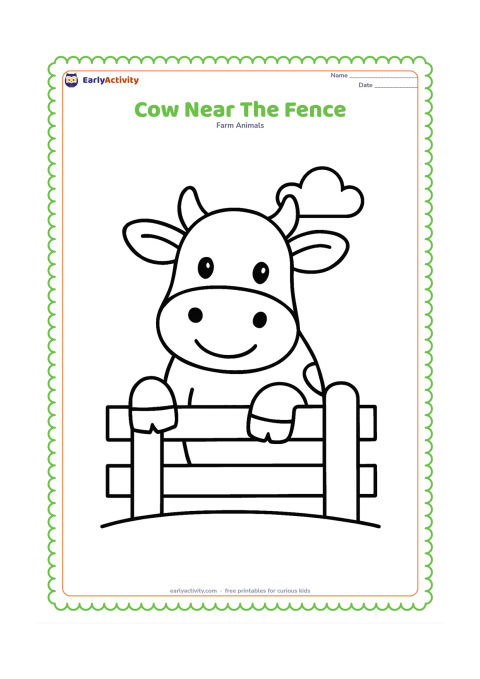 Colouring page: A cow peeks over a short wooden fence, with its head and front legs visible on the near side. Add a simple field and one cloud behind it.