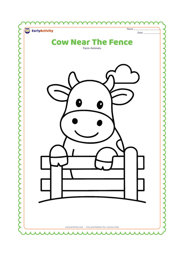 Colouring page: A cow peeks over a short wooden fence, with its head and front legs visible on the near side. Add a simple field and one cloud behind it.