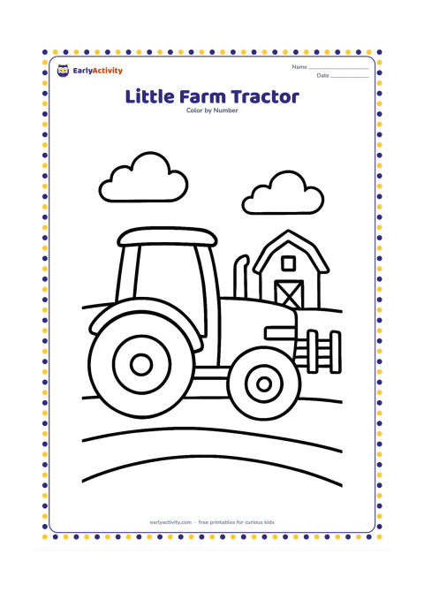 Colouring page: Draw a friendly tractor moving along a field in front of a small barn, with a fence and two fluffy clouds behind it. Show the tractor in side view with large wheels.