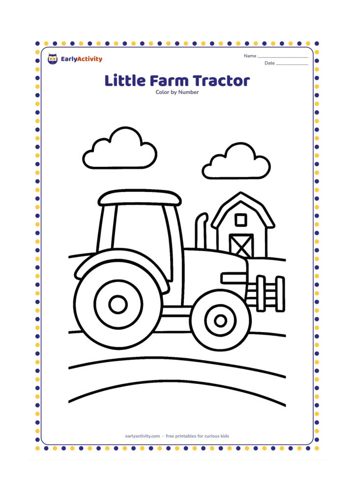 Colouring page: Draw a friendly tractor moving along a field in front of a small barn, with a fence and two fluffy clouds behind it. Show the tractor in side view with large wheels.