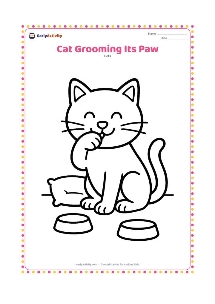 Colouring page: A friendly cat sits while carefully licking one raised paw, with its whiskers, ears, tail, and toes clearly visible. Place the cat on a plain indoor floor beside a small cushion and a…