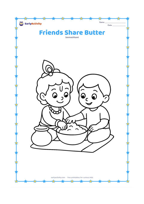 Colouring page: Draw young Krishna sitting with one friend and sharing a large bowl of butter between them. Add one simple matki and a floor mat.