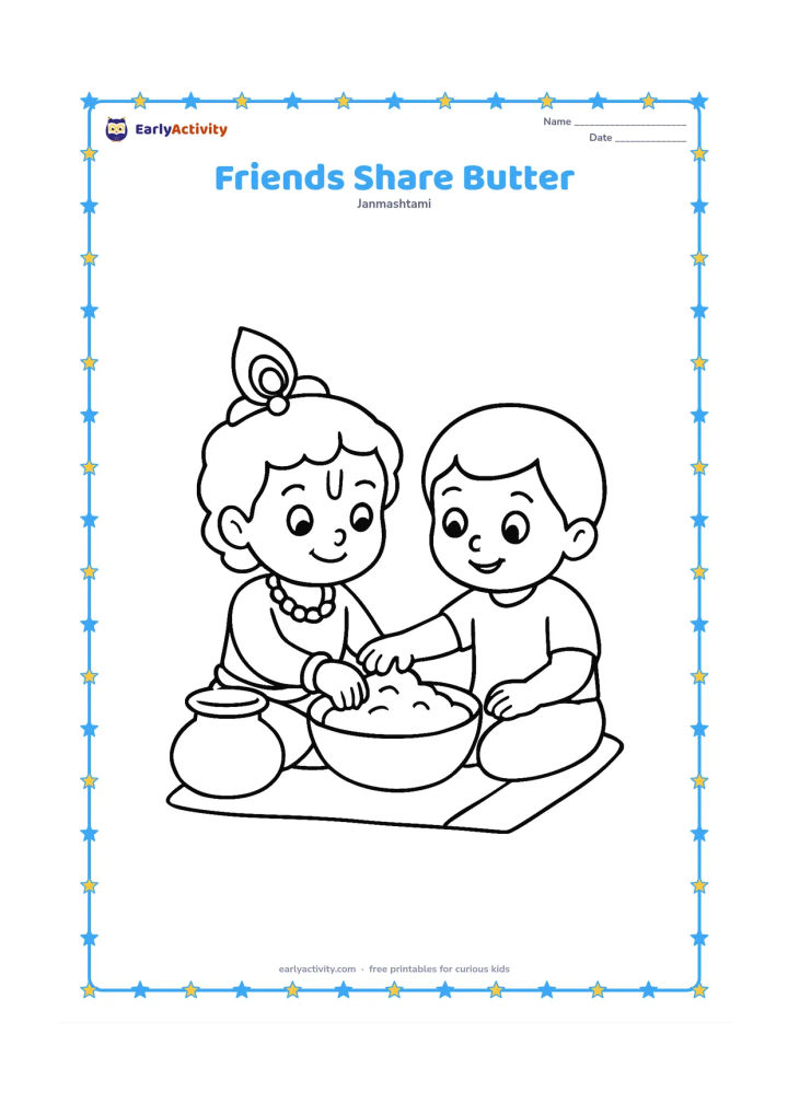 Colouring page: Draw young Krishna sitting with one friend and sharing a large bowl of butter between them. Add one simple matki and a floor mat.
