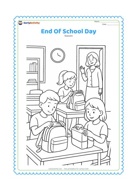 Colouring page: Children pack books and lunch boxes into their bags as a teacher stands near the classroom door. Show warm afternoon light, rows of desks, a shelf, a wall clock without markings and a…