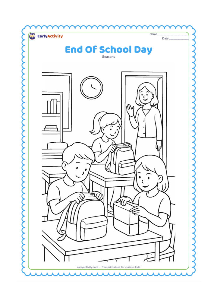 Colouring page: Children pack books and lunch boxes into their bags as a teacher stands near the classroom door. Show warm afternoon light, rows of desks, a shelf, a wall clock without markings and a…
