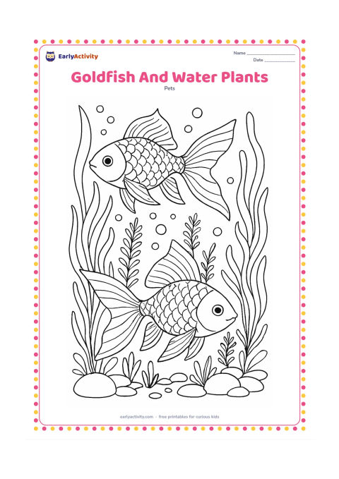 Colouring page: Draw two goldfish weaving through a detailed underwater garden of long ribbon plants, feathery stems, rounded stones and bubble trails. Include varied scale patterns, gill lines and…