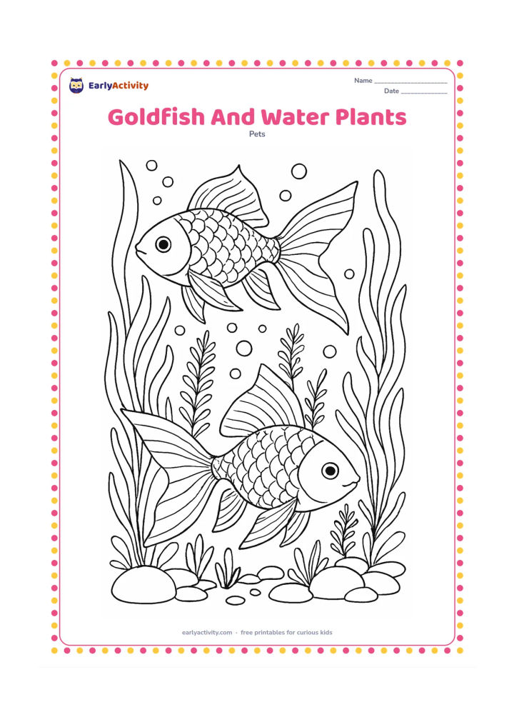 Colouring page: Draw two goldfish weaving through a detailed underwater garden of long ribbon plants, feathery stems, rounded stones and bubble trails. Include varied scale patterns, gill lines and…