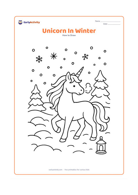 Worksheet: A unicorn steps through a snowy landscape with a flowing mane, visible breath suggested by a simple curved puff, snow-covered pine trees, rounded snowdrifts and falling snowflakes. Add a…