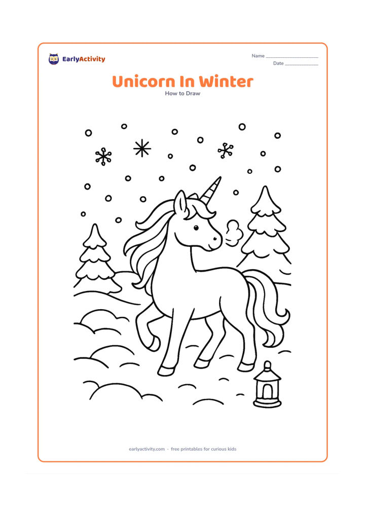 Worksheet: A unicorn steps through a snowy landscape with a flowing mane, visible breath suggested by a simple curved puff, snow-covered pine trees, rounded snowdrifts and falling snowflakes. Add a…
