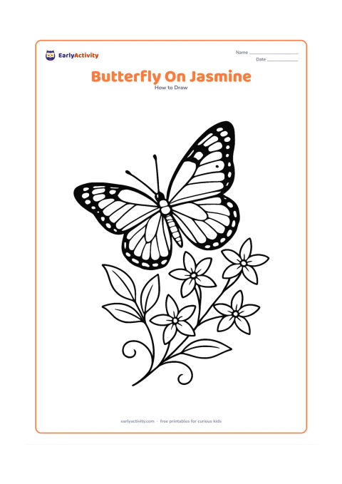 Worksheet: Show a detailed butterfly resting on a jasmine stem with several star-shaped flowers, paired leaves and curling branches. Include layered wing markings made from spots, thin bands and…
