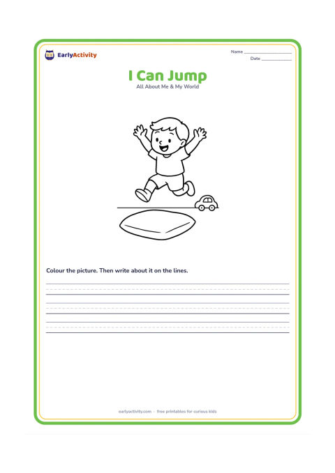 Worksheet: A child jumps over a low soft cushion with both feet off the ground and arms raised. Add a plain home floor and one toy in the background.