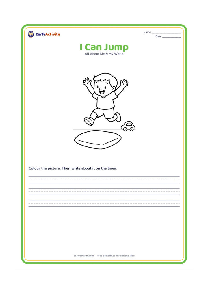 Worksheet: A child jumps over a low soft cushion with both feet off the ground and arms raised. Add a plain home floor and one toy in the background.