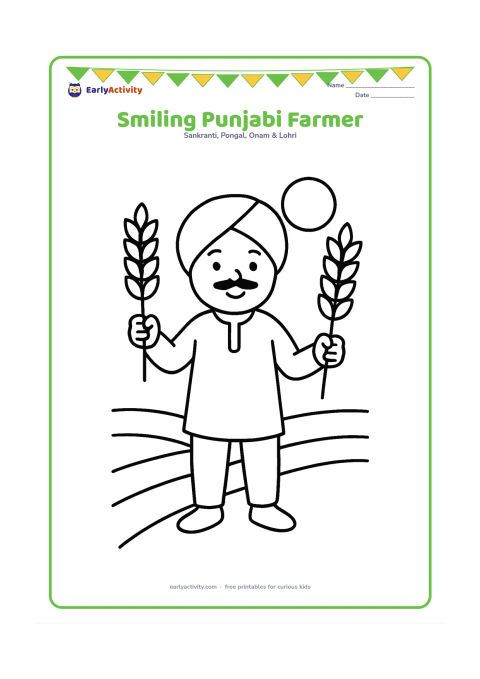 Colouring page: A smiling Punjabi farmer stands holding one large wheat stalk in each hand, wearing a simple kurta, trousers and turban. Add two broad field rows and a bright round sun behind the farmer.