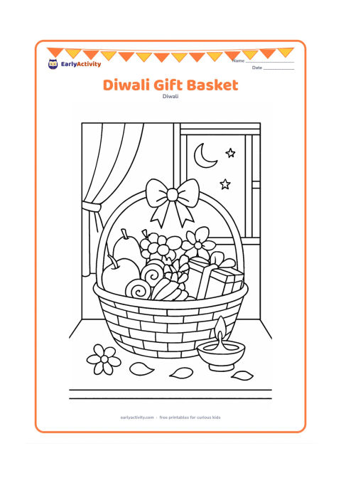 Colouring page: A decorated basket contains fruit, sweets, flowers and a small wrapped gift, with a diya and loose petals beside it. Place the arrangement on a low table near an open window with…