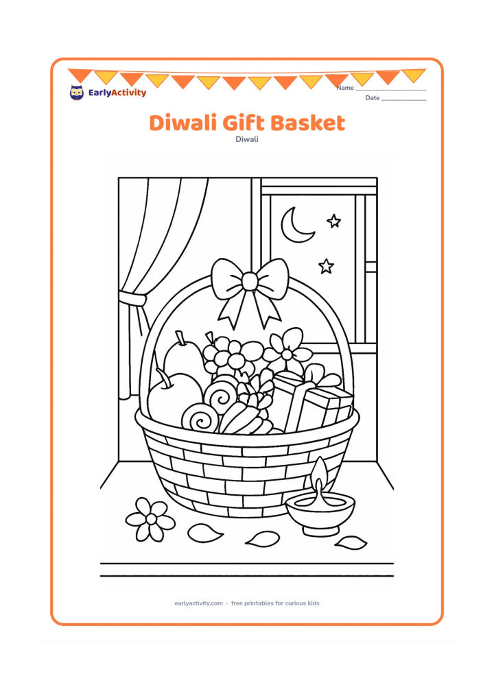Colouring page: A decorated basket contains fruit, sweets, flowers and a small wrapped gift, with a diya and loose petals beside it. Place the arrangement on a low table near an open window with…