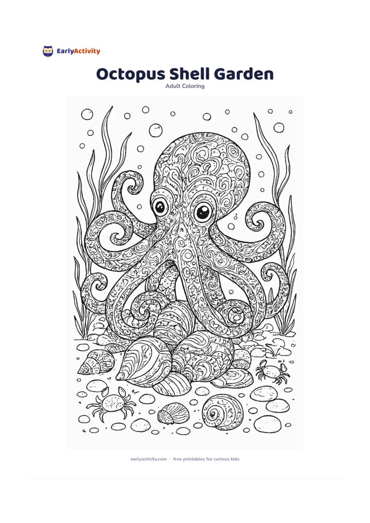 Colouring page: Draw a curious octopus curled around a cluster of shells on the ocean floor, with its eight arms arranged visibly and naturally. Add patterned shells, sea grass, small crabs, bubbles and…