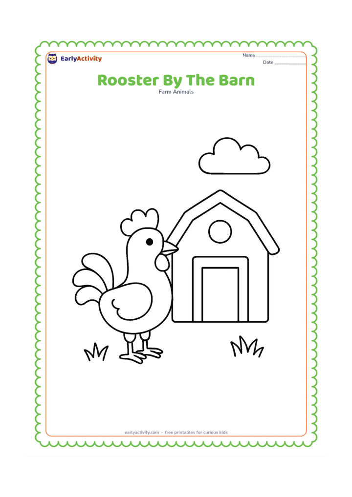 Colouring page: Draw a rooster standing beside a small barn with a plain doorway, a roof and one round window. Add a little grass and a cloud without any markings on the barn.