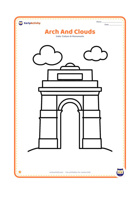 Colouring page: Show a close, simple view of the India Gate arch filling most of the page, with two large clouds around the upper edges. Keep the opening wide and empty.