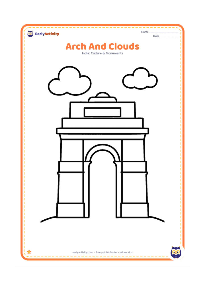Colouring page: Show a close, simple view of the India Gate arch filling most of the page, with two large clouds around the upper edges. Keep the opening wide and empty.
