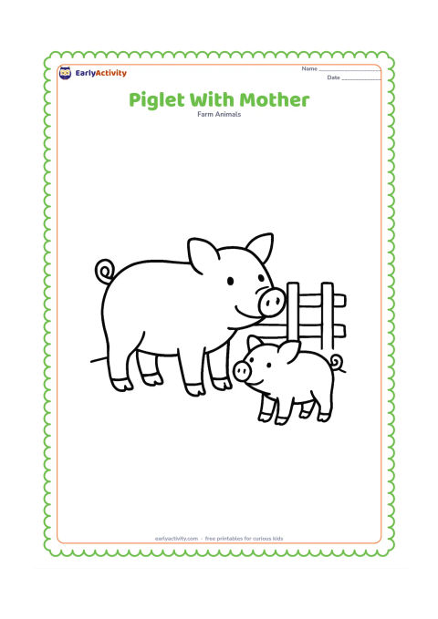 Colouring page: A large mother pig stands beside a smaller piglet, both facing right with their curly tails visible. Place them beside a low fence and one hay pile.