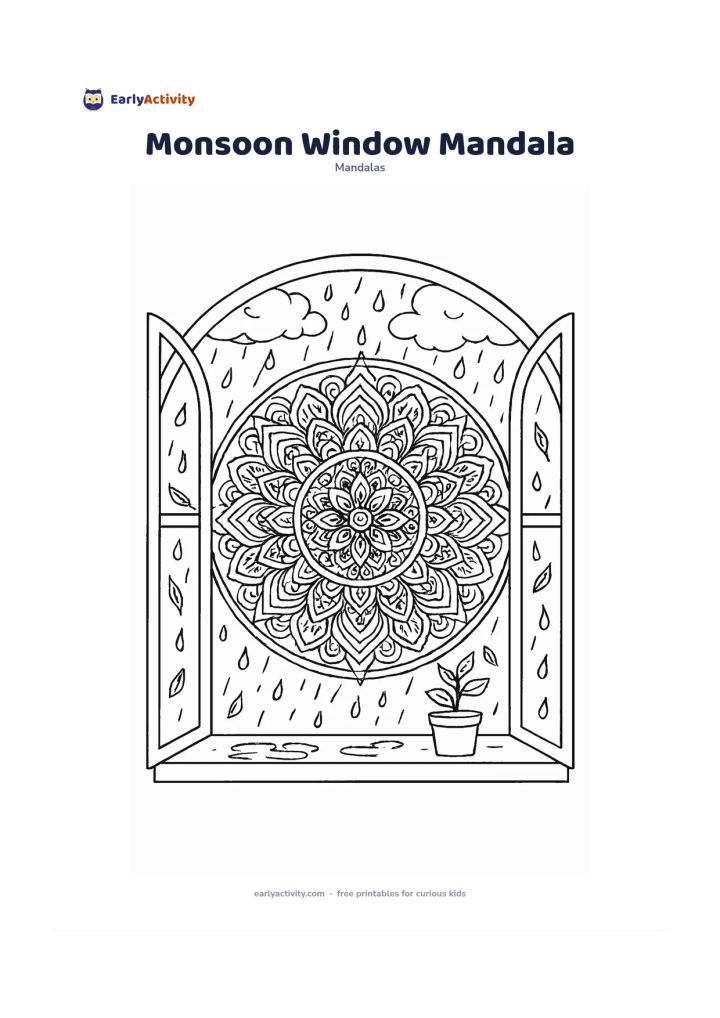 Colouring page: Show a round mandala framed by an open window during gentle monsoon rain, with a small potted plant on the sill and raindrops forming balanced outer sections. Include clouds, curved rain…