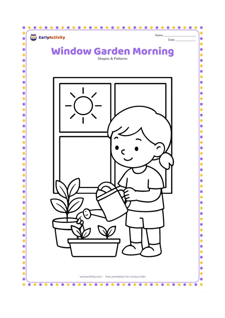 Colouring page: A child waters plants beside a large square window divided into four panes at morning. Show a sun, two leafy pots, and a small square plant tray.