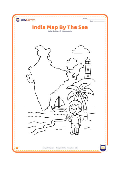 Colouring page: Draw an India map beside a coastal scene with a fishing boat, palm tree, lighthouse, waves, and a child holding a shell. Include the western and eastern coastlines as clear curved edges.