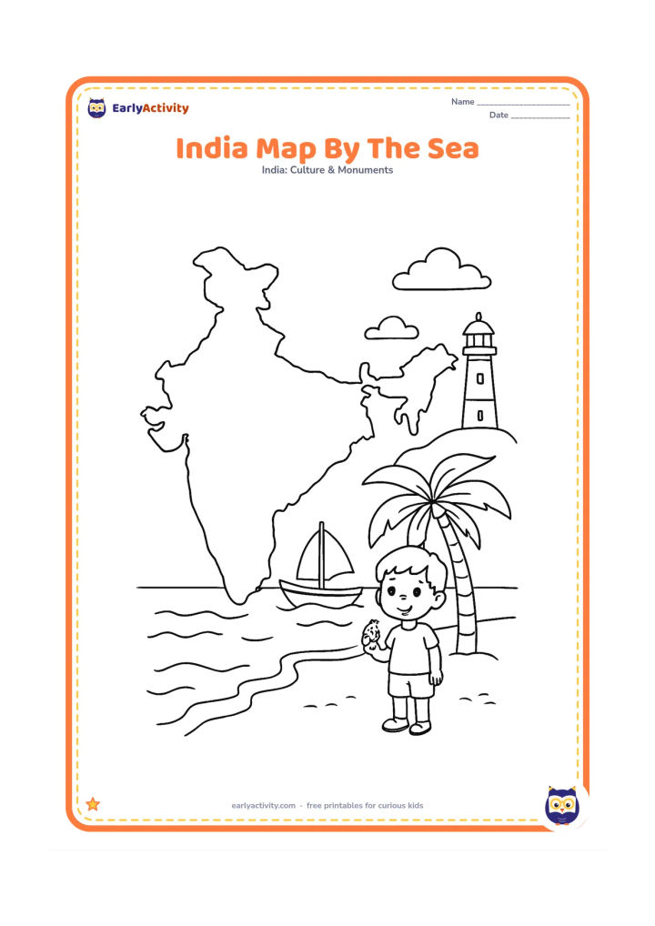 Colouring page: Draw an India map beside a coastal scene with a fishing boat, palm tree, lighthouse, waves, and a child holding a shell. Include the western and eastern coastlines as clear curved edges.